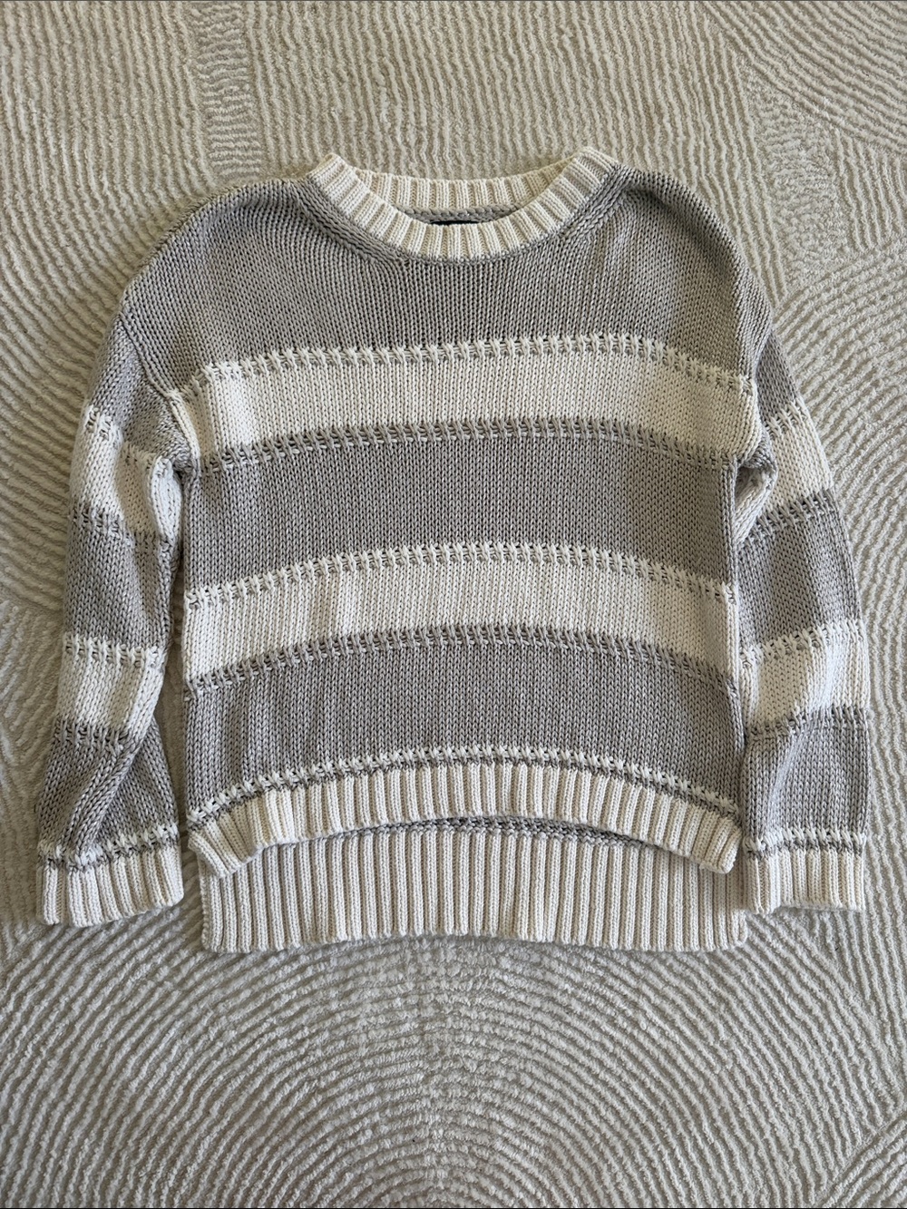 Massimo Dutti Striped Crewneck Sweater — Cream and Light Gray